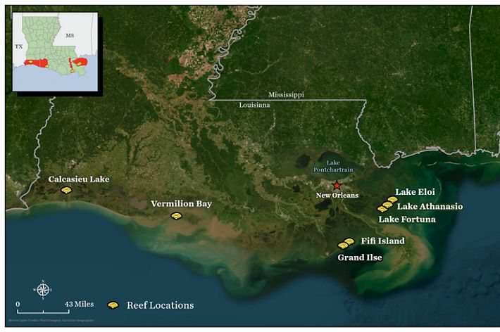 A map graphic that highlights places along the coast of land in Louisiana.