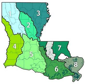 A map divides the U.S. state of Louisiana into colorful regions. 