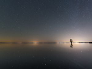 Twilight on a body of water with the sun just below the horizon and the stars visible.