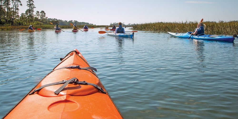 A view for the bow of a kayak of nine other kayakers navigating through still waters and marshy grasses.