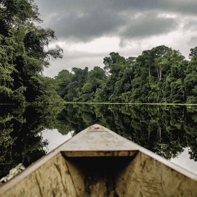 View from within a wooden canoe looking out over the bow at a wide, flat river with thick forests along both banks.