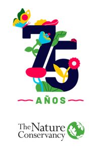 Logotipo del 75.º aniversario con decoraciones florales y de mariposas, y el logotipo de The Nature Conservancy.