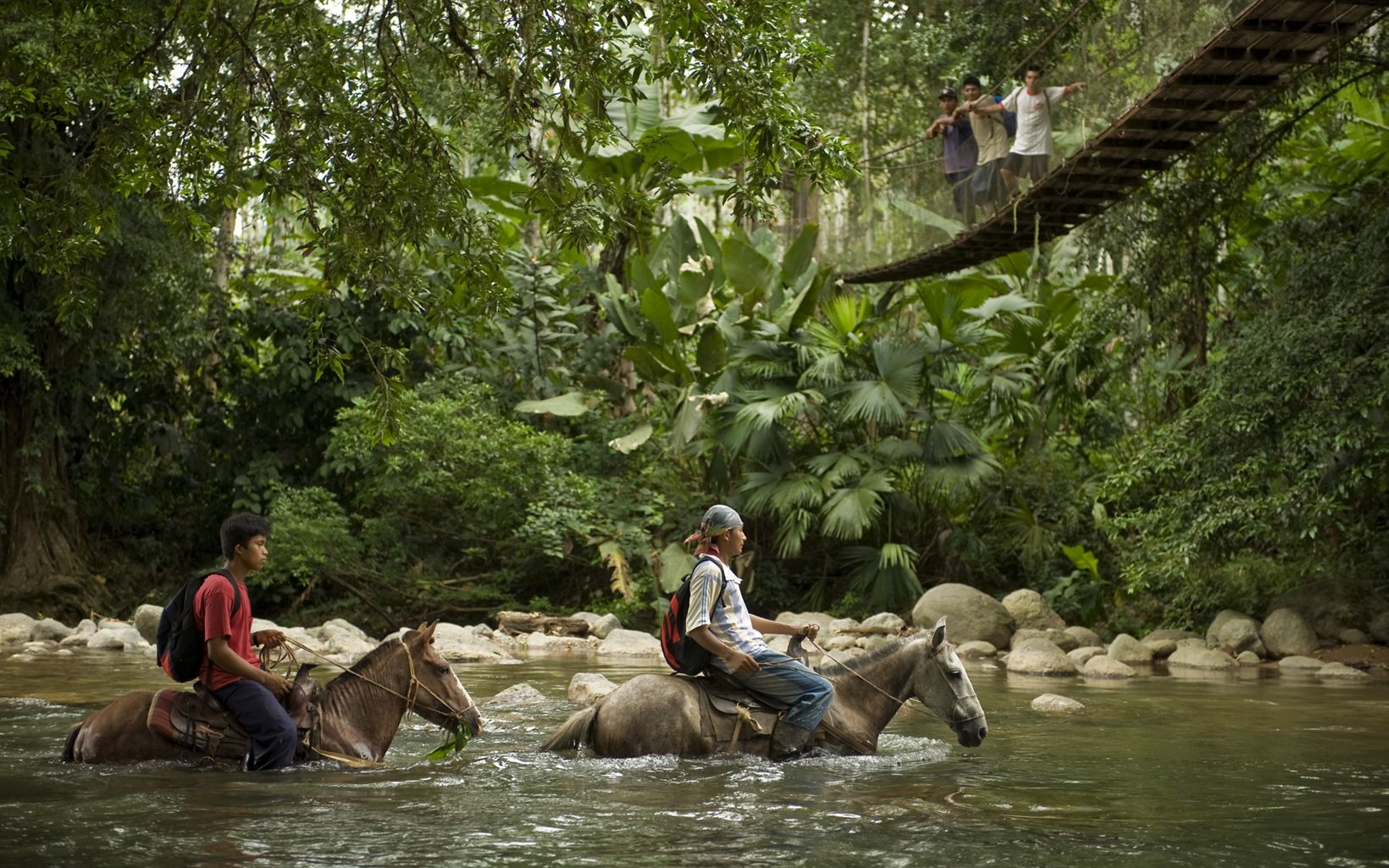 jovenes en caballo en u río en Costa Rica