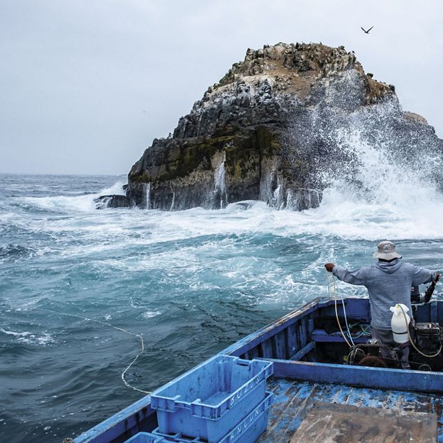 Frente a la costa de Ancón, el pescador
José Martín Garrido sostiene líneas de aire para su buceadorque está en las profundidades pescando especies a mano
