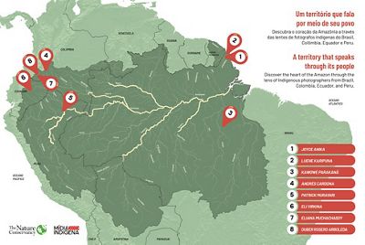 Graphic of a map of the Amazon basin showing the location of the photographers included in the exhibition. 
