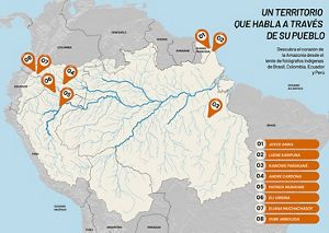 grafico de mapa de ubicación en distintos lugares de la Amazonía de los fotógrafos seleccionados para la exposición. 
