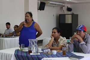 Una mujer participa comentando frente a un grupo de personas que escucha.