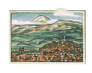 Ilustración a color de Quito. La ciudad está enmarcada por un extenso paisaje montañoso.