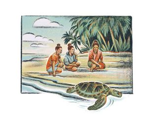  Una ilustración a color de tres mujeres en una playa con una tortuga marina nadando cerca de la orilla.