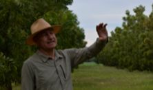  Un hombre con sombrero y camisa se encuentra de pie frente a un fondo de frondosos árboles verdes.