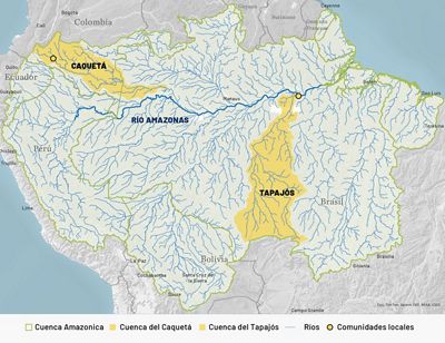 Un mapa de la parte norte de América del Sur, destacando todos los ríos y afluentes que componen la cuenca del Amazonas.