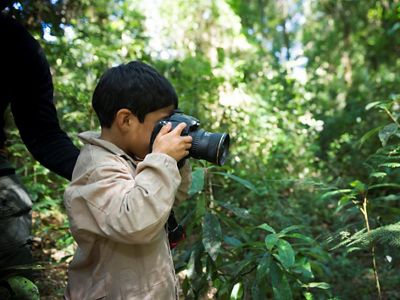 Niño fotografiando plantas.