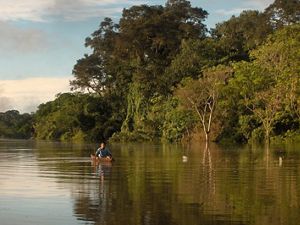niño navega por el un río en la Amazonía Peruana