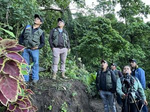 Un grupo de personas se encuentra en la ladera de una colina, mirando fijamente algo en la distancia.