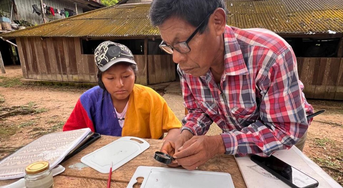 Dos personas indígenas analizando información sobre una mesa de madera.