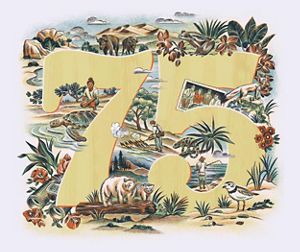 Una ilustración de animales y paisajes que rodea un texto que dice "75".