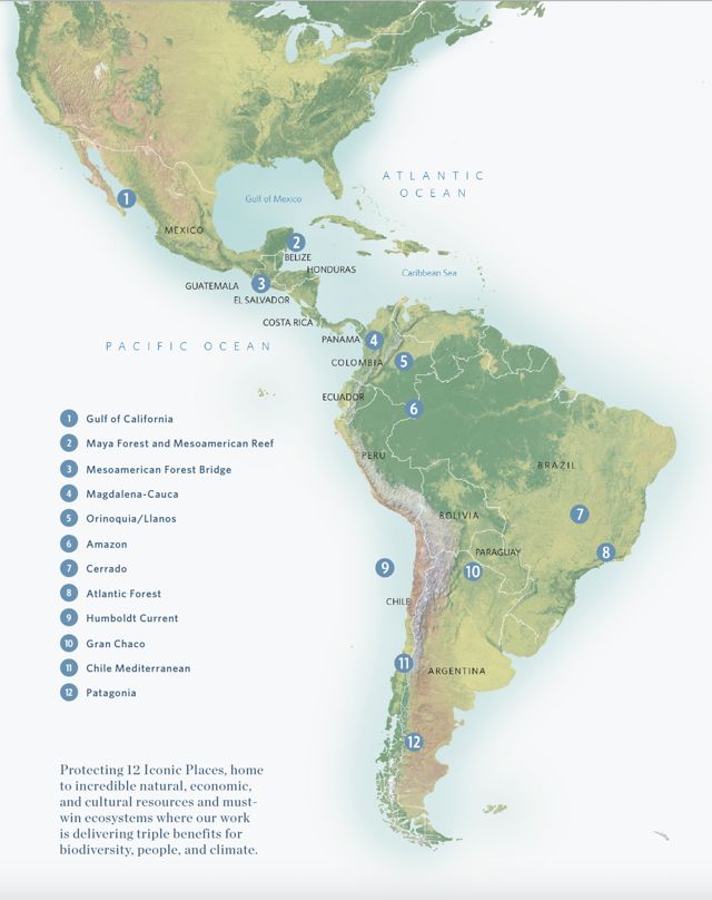 Map of Latin America showing the 12 places TNC is working.