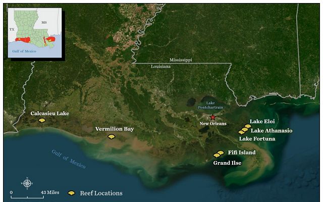 A map highlights places along the coast of a land area in Louisiana.