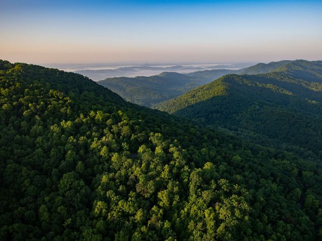 Vista aérea de un área boscosa del Cumberland Gap en Kentucky.