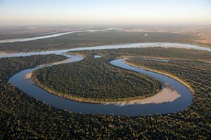 Aerial view of a bend in the Mississippi River. 