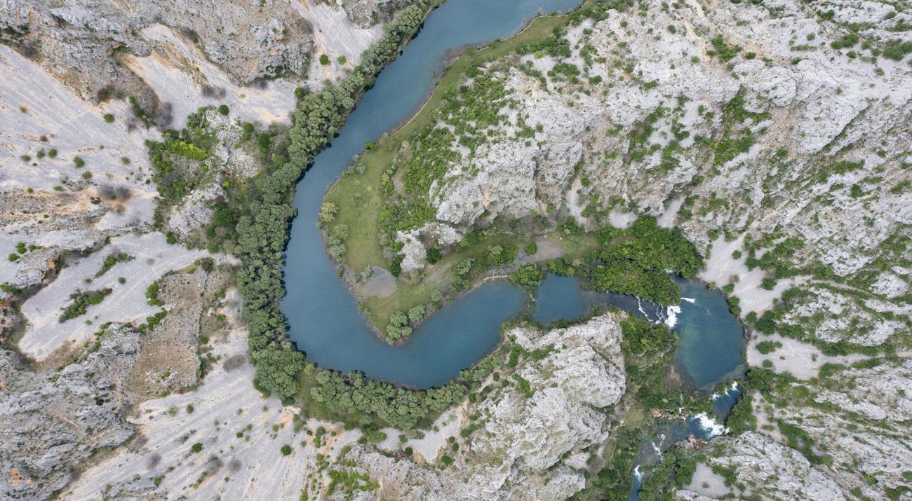 Aerial view of a winding river.