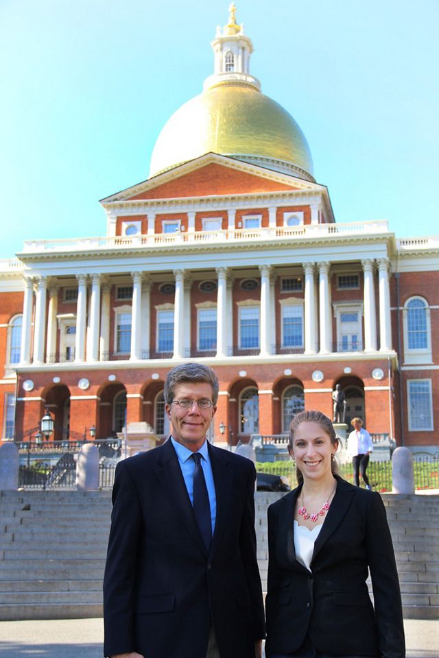 Steve Long and Emily Myron, the government relations team for TNC in Massachusetts, are often at the Massachusetts State House advocating for conservation and climate policy.