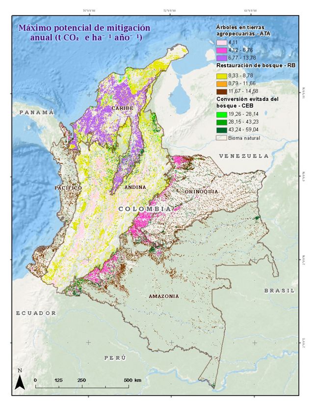 Map showing areas to restore in Colombia