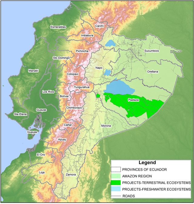 Map of Ecuador showing areas of TNC Work