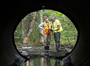 Hadley Couraud and Joshua Royte surveying culverts & streams throughout the state.