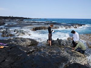 Three people stand on rocks along the ocean coast and perform scientific studies.