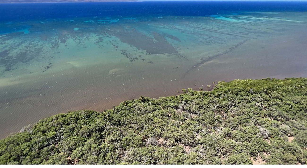 View of Mākolelau Reef. Forested area on the water's edge.