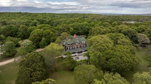 Aerial view of Mashomack Manor House. 