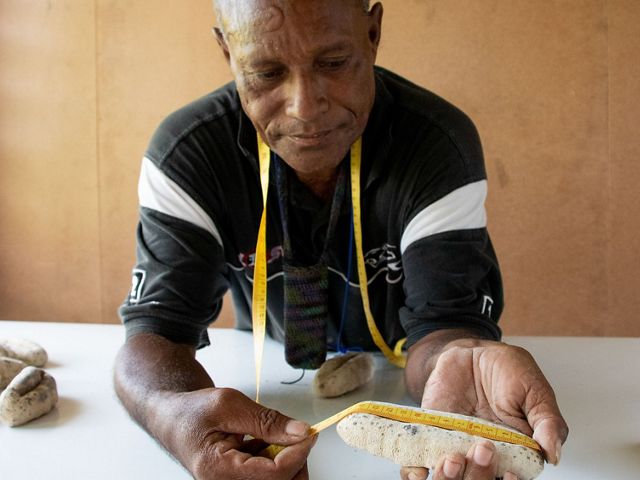 A community member measures a dried sea cucumber to ensure it is the correct size for sustainability. 