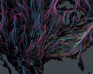 An interactive migration map shows mammal paths in pink, birds in blue, and amphibians in yellow.