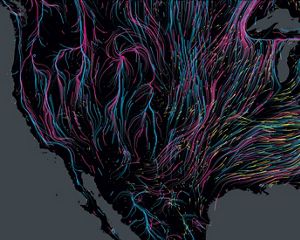 A map showing different colored lines and arrows of species moving north in various directions.