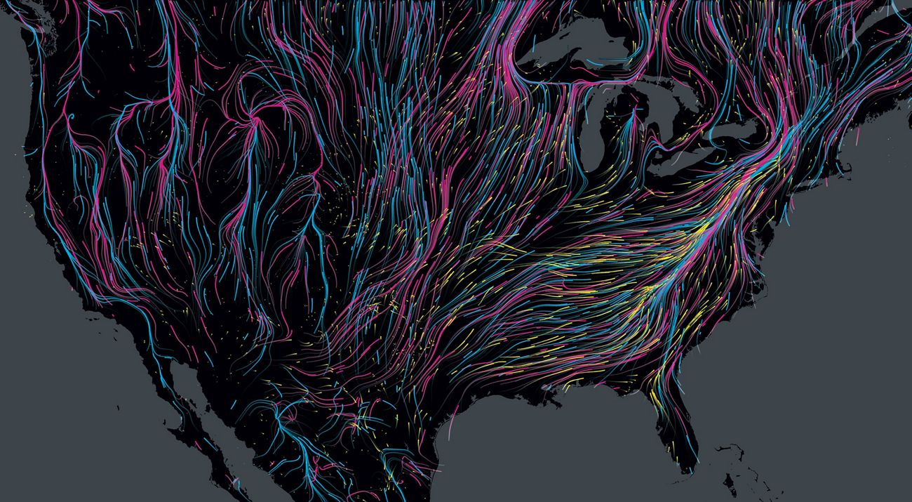 A map showing different colored lines and arrows of species moving north in various directions.