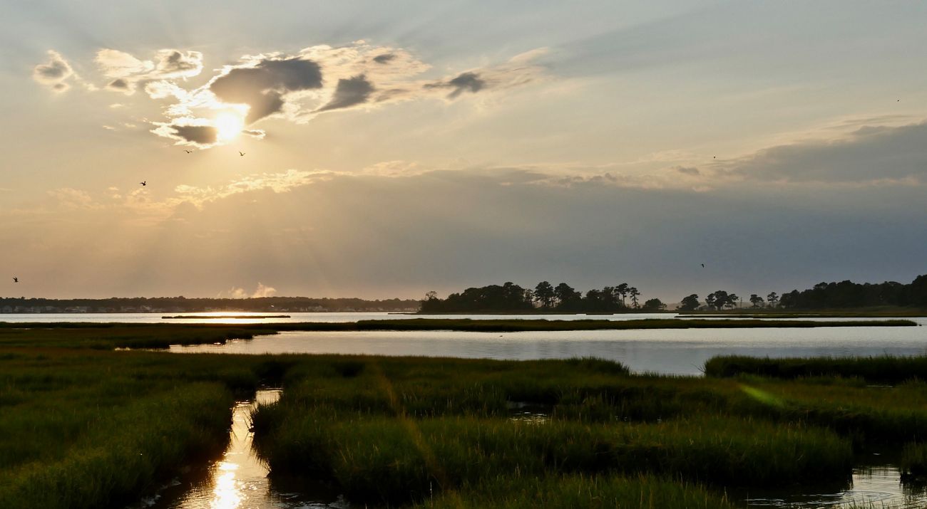 Sunshine breaking through clouds and reflecting on the waters of a wetland below.