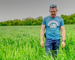 Matt Tentis standing in a field of cover crops.