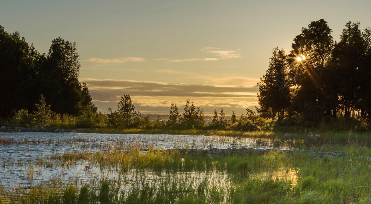 The sun sets behind the trees and reflects in a calm body of water at Maxton Plains Preserve in Deerton, Michigan.