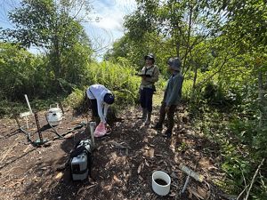Three scientists check technical equipment to measure the flux of greenhouse gasses in a peatland in Indonesia.