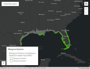 A black and gray map of the southeastern U.S. features some bright green highlighting in specific places.