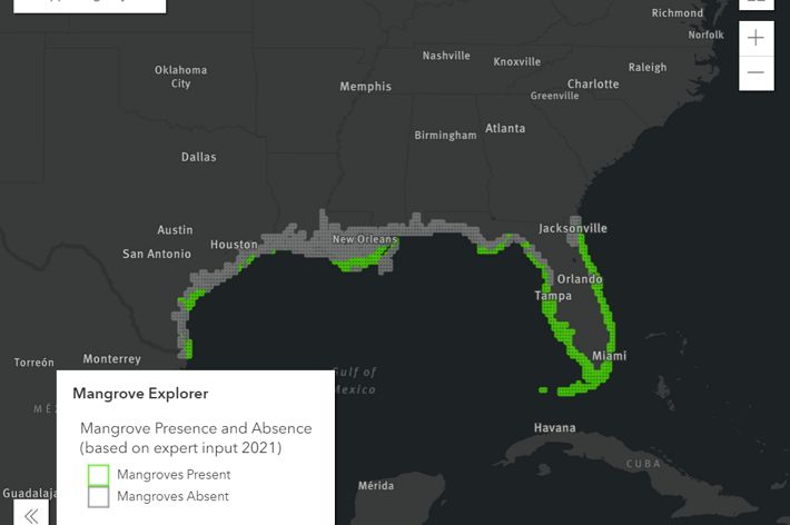 A black and gray map of the southeastern U.S. features some bright green highlighting in specific places.