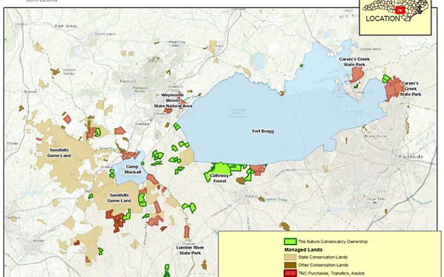 Map showing the Sandhill military camp and the surrounded areas that were key to protection and partnership.