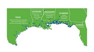 A green map of five southeastern states features areas with blue pins.