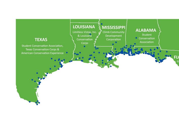 A green map of five southeastern states features areas with blue pins.