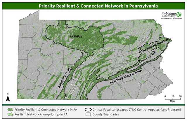 A map of Pennsylvania showing TNC priority landscape areas outlined and highlighted in green.