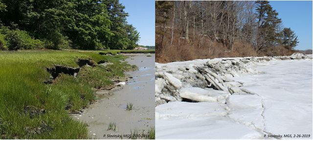 Left image showing grassy eroded coastline in summer and right image showing same icy coastline eroding in winter.