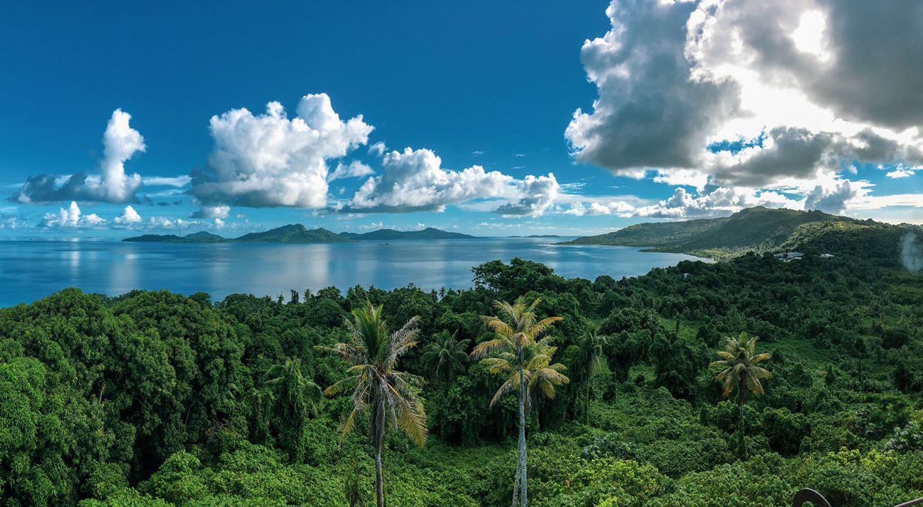 View looking out across a vast body of water bordered by a forested ridgeline.