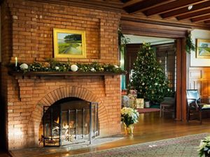 A mantle with a Christmas tree to the right of it filled with holiday decor. 