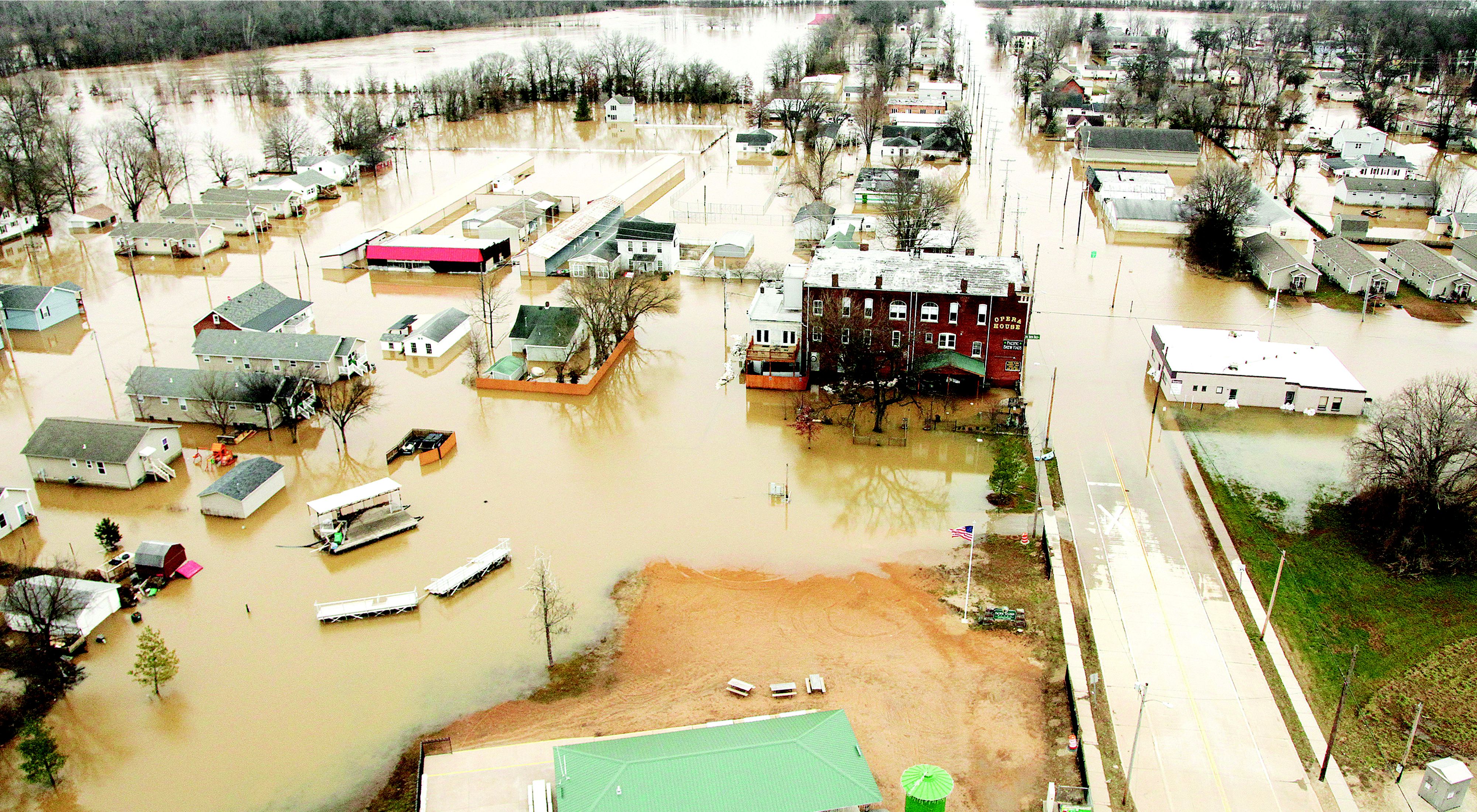 Aerial view of urban flooding along the Meramec River in Missouri in 2019.